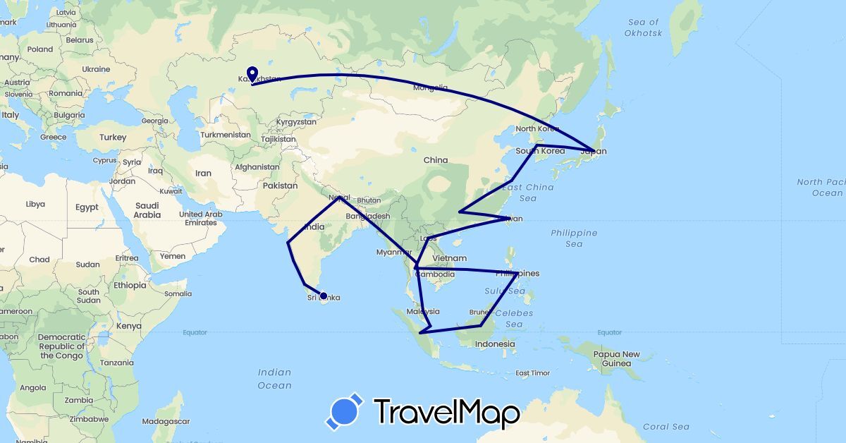 TravelMap itinerary: driving in China, Indonesia, India, Japan, South Korea, Kazakhstan, Laos, Sri Lanka, Mongolia, Malaysia, Nepal, Philippines, Singapore, Thailand, Taiwan (Asia)